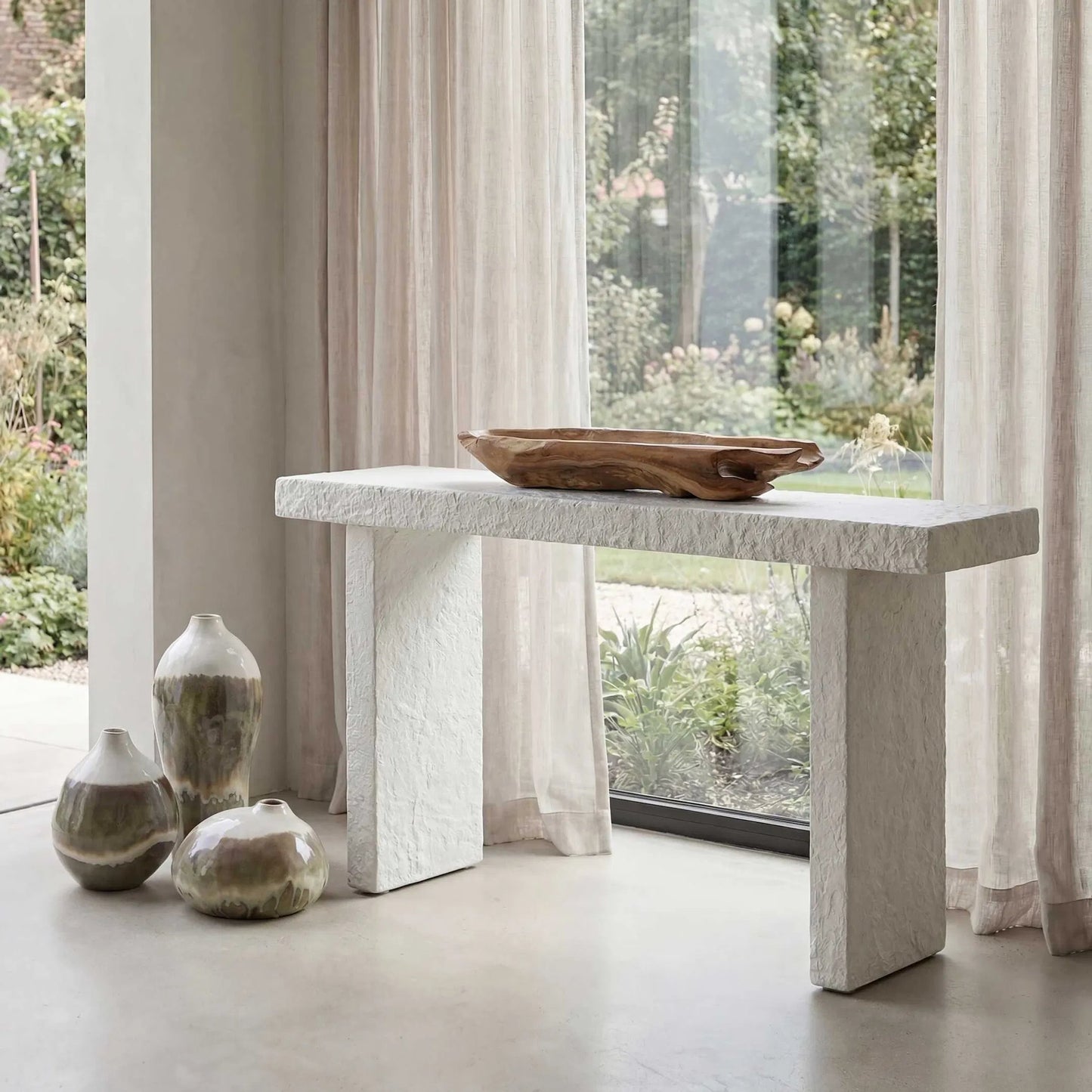 003 SI-2630711 | Lifestyle | Hagan Indoor/Outdoor Limestone Console Table by Uttermost in white and concrete. Made from grc- glass fibre reinforced concrete in a unique style.