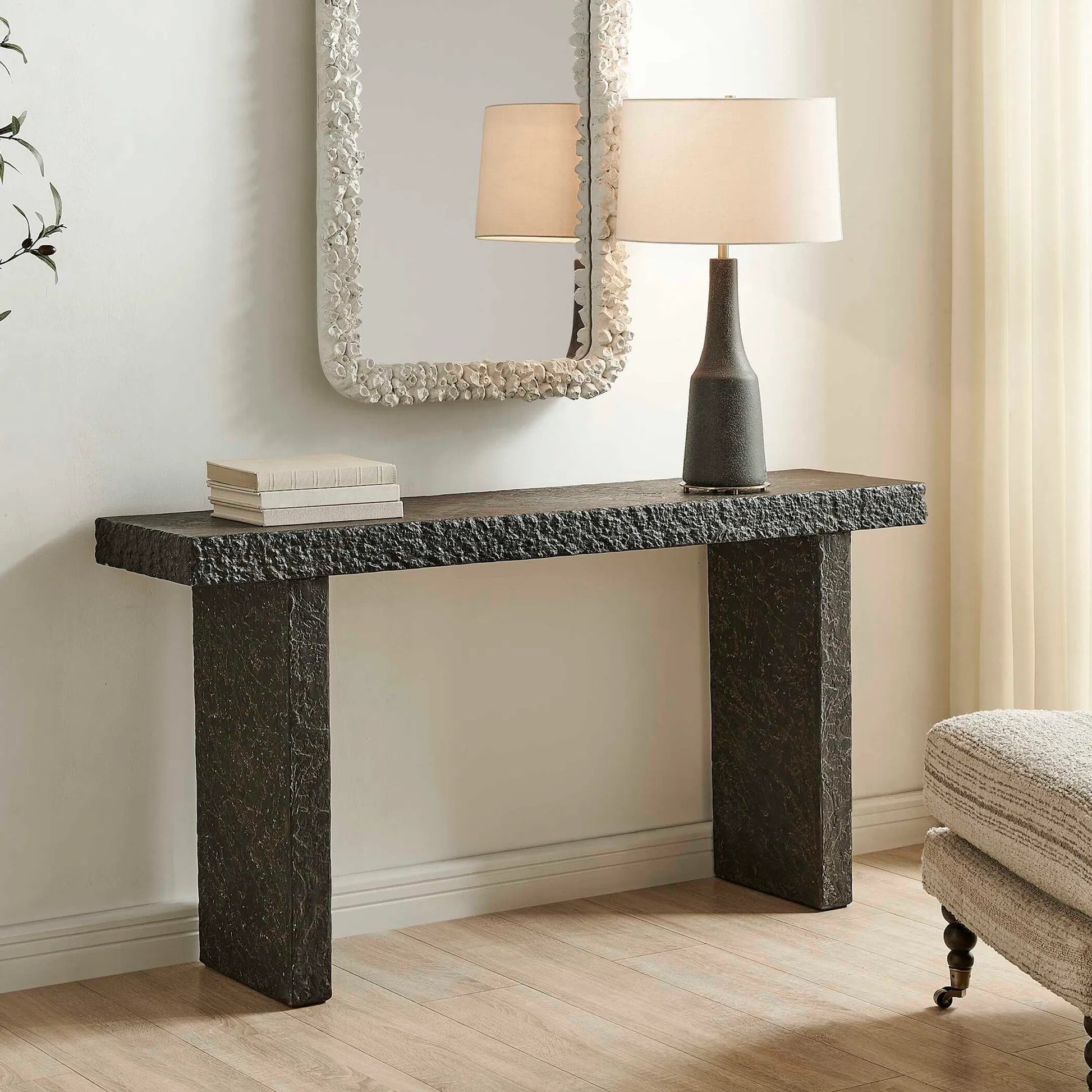 Hagan Indoor/Outdoor Slate Console Table by Uttermost in black, brown and concrete. Made from grc- glass fibre reinforced concrete in a modern style.