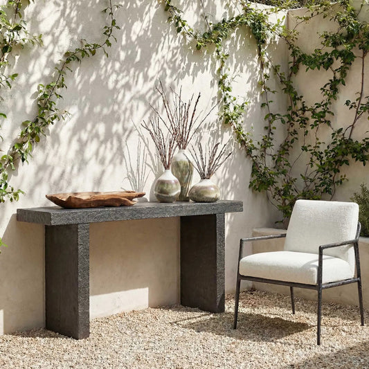 Hagan Indoor/Outdoor Slate Console Table by Uttermost in black, brown and concrete. Made from grc- glass fibre reinforced concrete in a modern style.