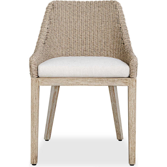 Paloma Outdoor Wicker Dining Chair by Uttermost in gray and white. Made from mahogany wood, aluminum with wicker in a unique style.