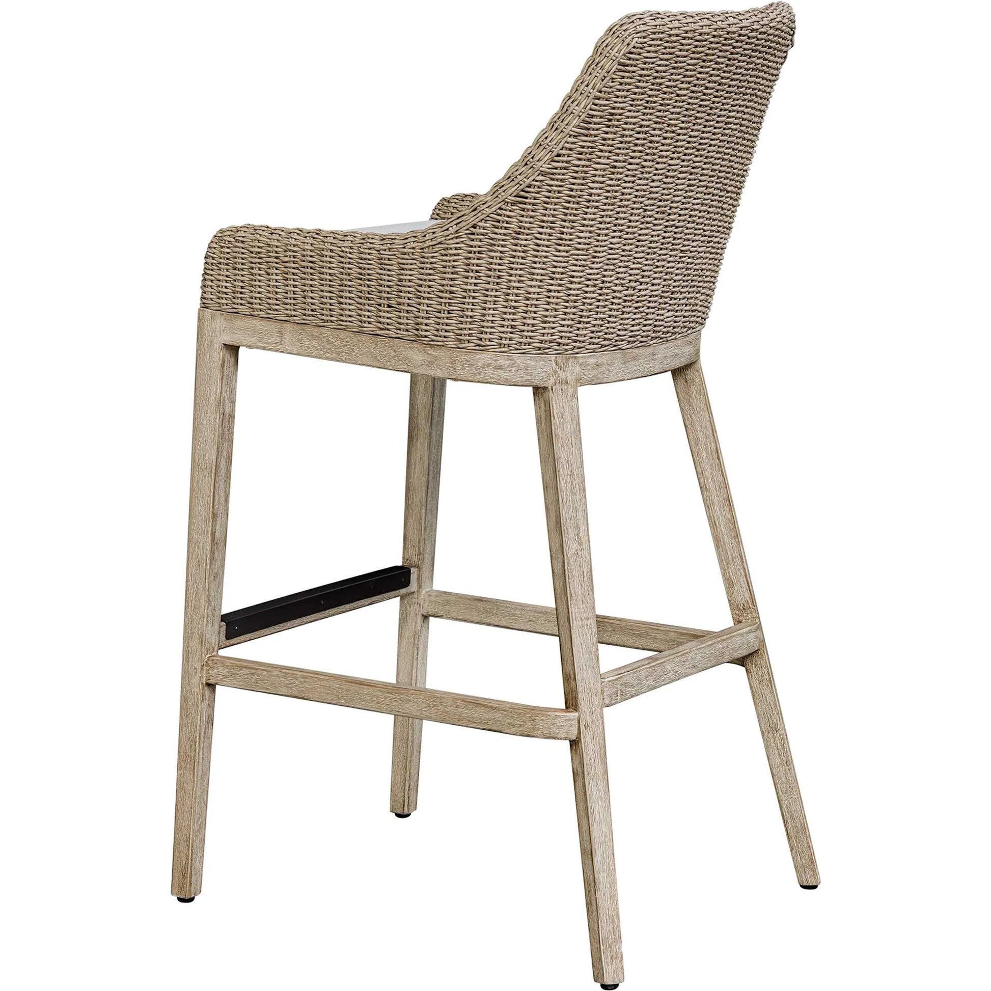 Paloma Outdoor Wicker Bar Stool by Uttermost in gray, white and white. Made from mahogany wood, aluminum with wicker in a unique style.