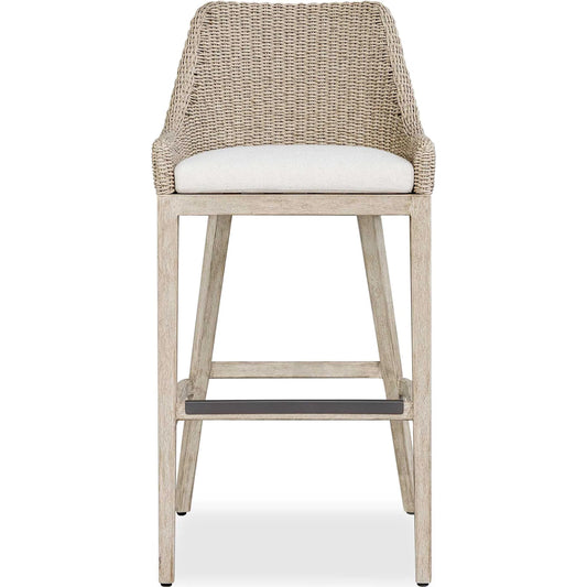 Paloma Outdoor Wicker Bar Stool by Uttermost in gray, white and white. Made from mahogany wood, aluminum with wicker in a unique style.