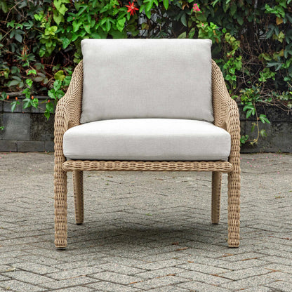 Kavali Outdoor Wicker Lounge Chair by Uttermost in white and natural honey. Made from wicker twist 3mm riviera, fabric crescent cloud dancer in a unique style.