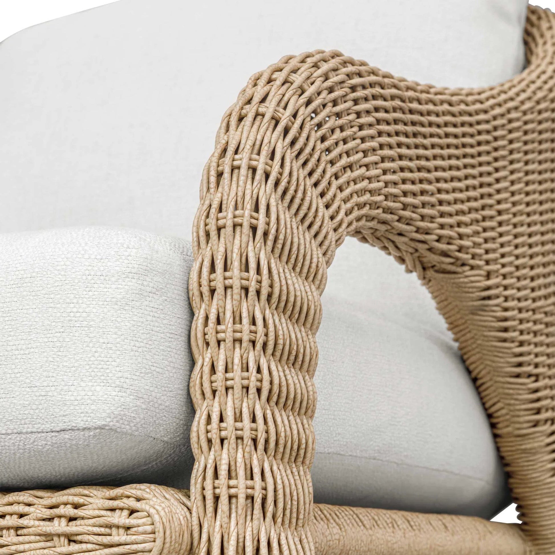 Kavali Outdoor Wicker Lounge Chair by Uttermost in white and natural honey. Made from wicker twist 3mm riviera, fabric crescent cloud dancer in a unique style.