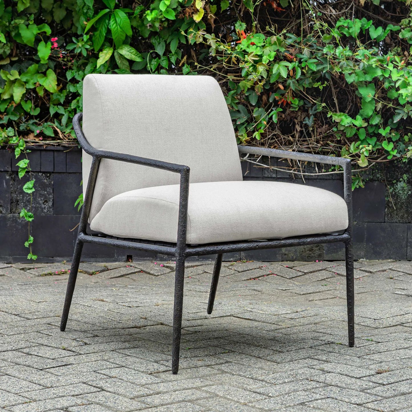 003 SI-2526350 | Lifestyle | Thayer Outdoor Upholstered Lounge Chair by Uttermost in oyster. Made from metal aluminum, fabric crescent cloud dancercloud dancer in a unique style.