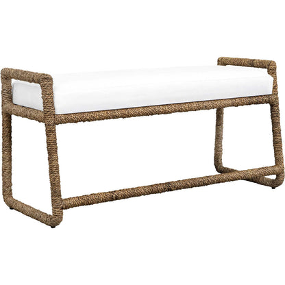 Araiza Fabric Bench by Uttermost in brown, white and iron. Made from banana fiber, metal iron in a unique style.