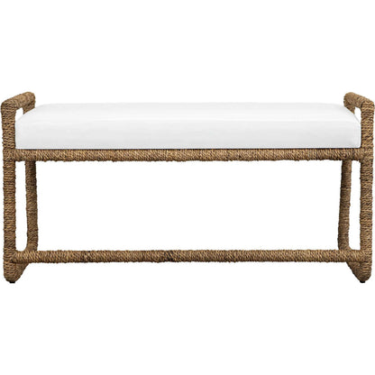 Araiza Fabric Bench by Uttermost in brown, white and iron. Made from banana fiber, metal iron in a unique style.