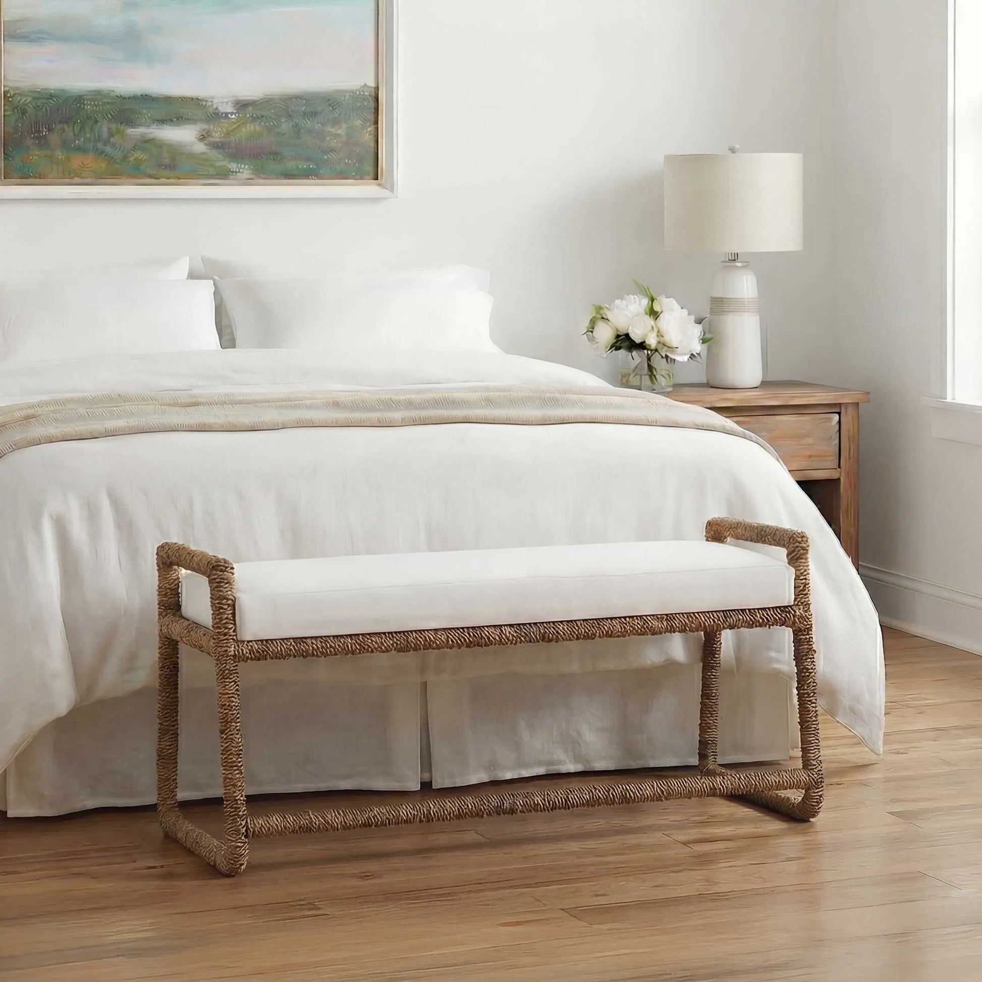 Araiza Fabric Bench by Uttermost in brown, white and iron. Made from banana fiber, metal iron in a unique style.
