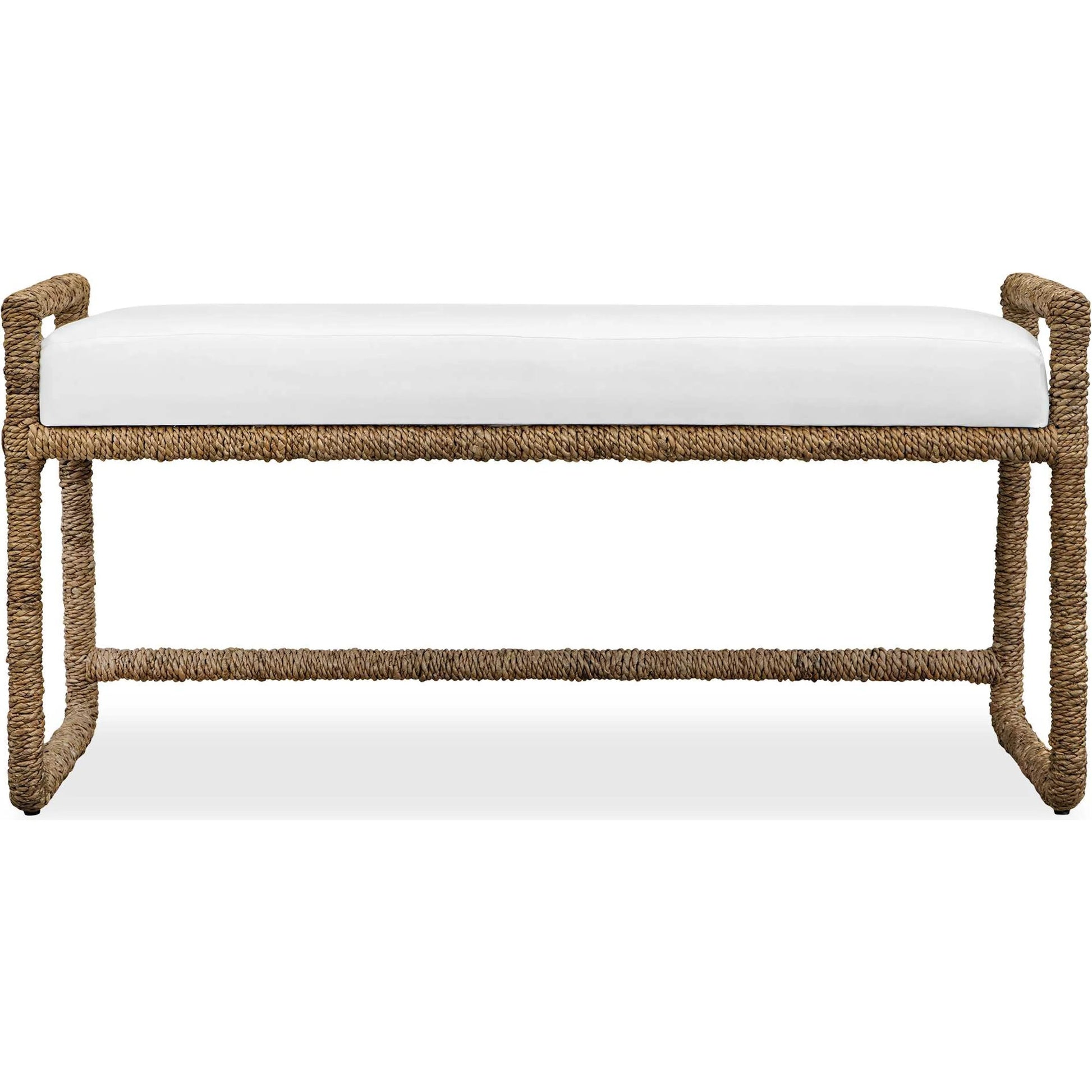 Araiza Fabric Bench by Uttermost in brown, white and iron. Made from banana fiber, metal iron in a unique style.