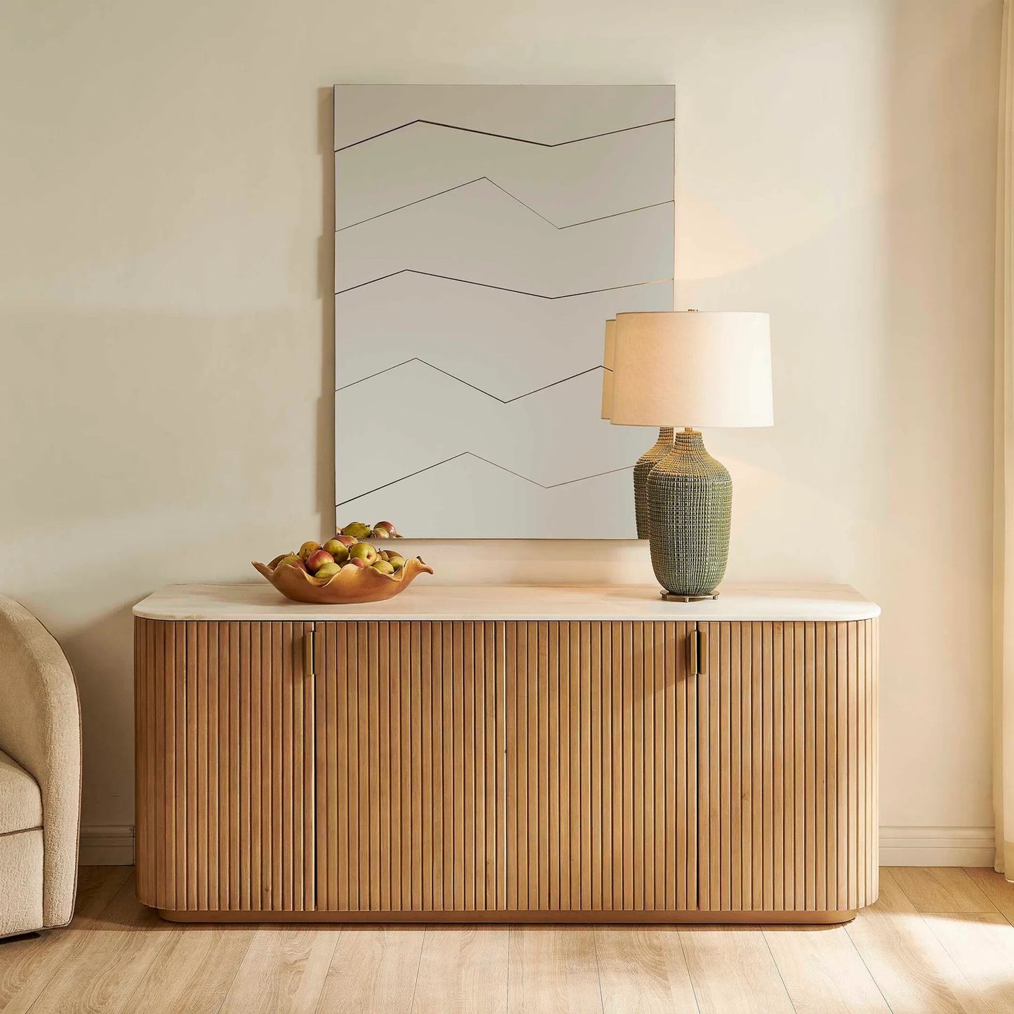 003 SI-2630734 | Lifestyle | Arik 4 Door Cabinet by Uttermost in woodtone and brass. Made from marble, birch veneer, alder, mdf, plywood, iron in a unique style.
