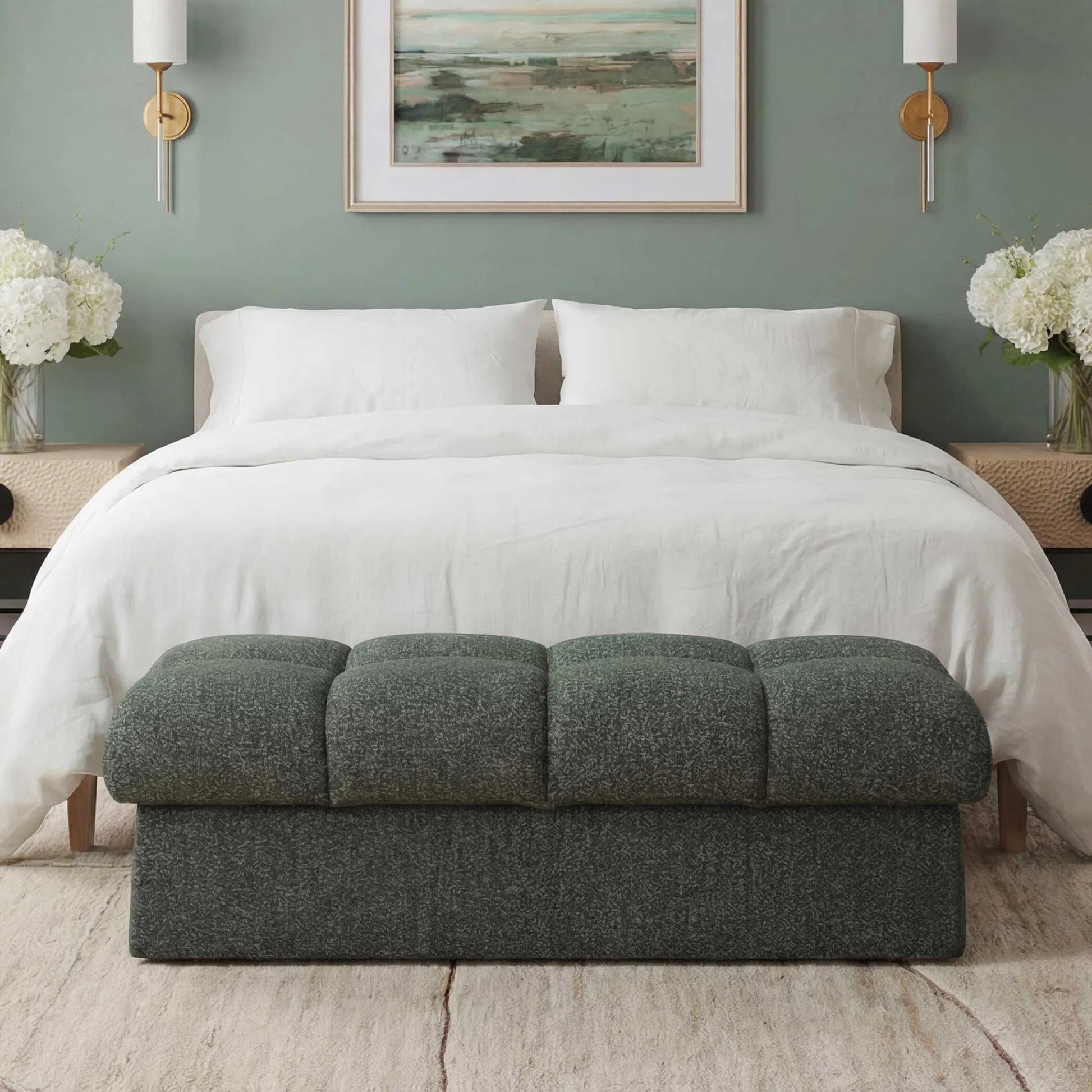 Harlem Moss Lake Bench by Uttermost in green and blue. Made from plywood, hardwood, fabric, foam in a unique style.