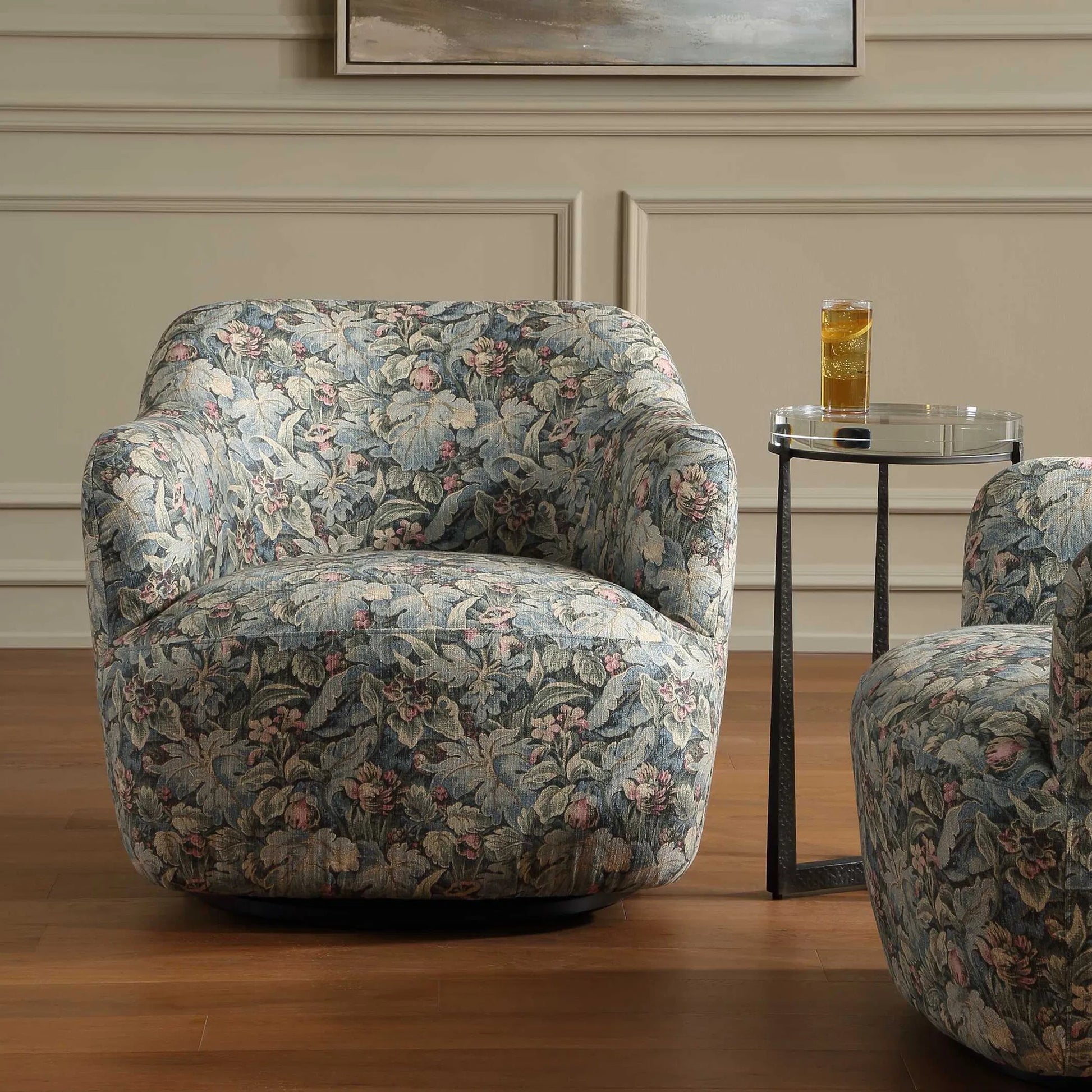 Ansel Tapestry Swivel Chair by Uttermost in green and black. Made from eucalyptus wood, plywood, fabric, foam in a unique style.