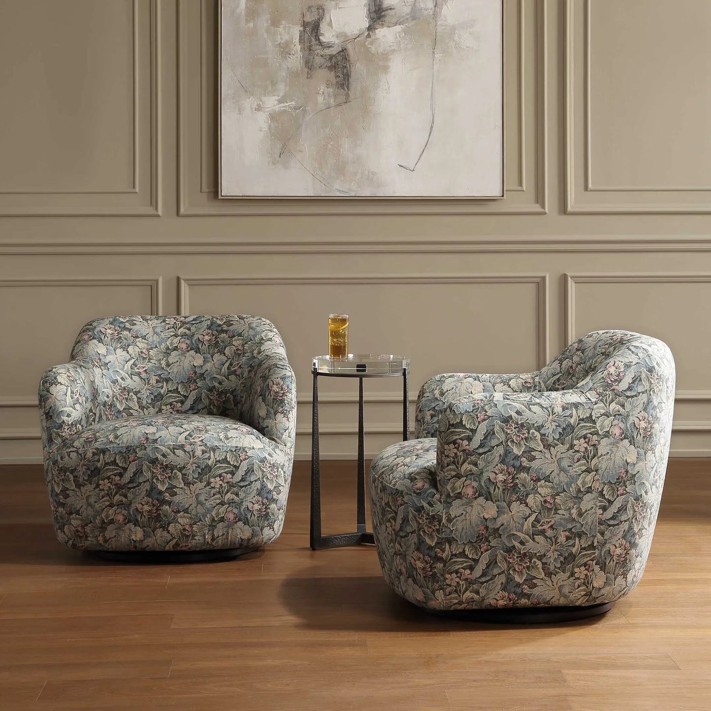 002 SI-2630801 | Closeup | Ansel Tapestry Swivel Chair by Uttermost in green and black. Made from eucalyptus wood, plywood, fabric, foam in a unique style.