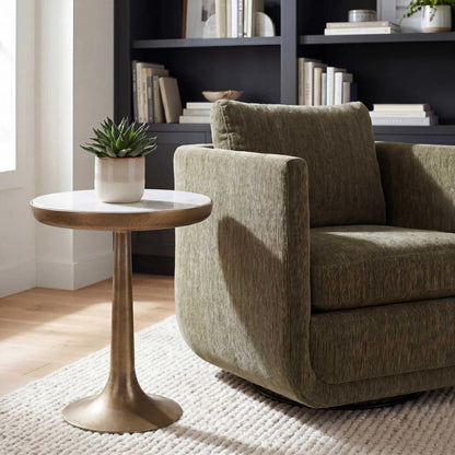 Gianno Round Side Table by Uttermost in brass, white and brass. Made from aluminium, marble, mdf in a unique style.