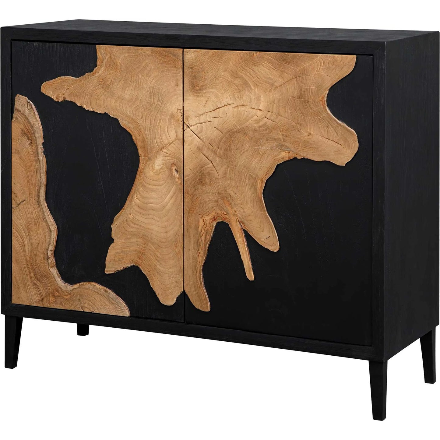 004 SI-2630746 | Primary Silo | Andrei Root 2 Door Cabinet by Uttermost in black, woodtone and teak. Made from mdf mindi veneer, teak root wood in a unique style.