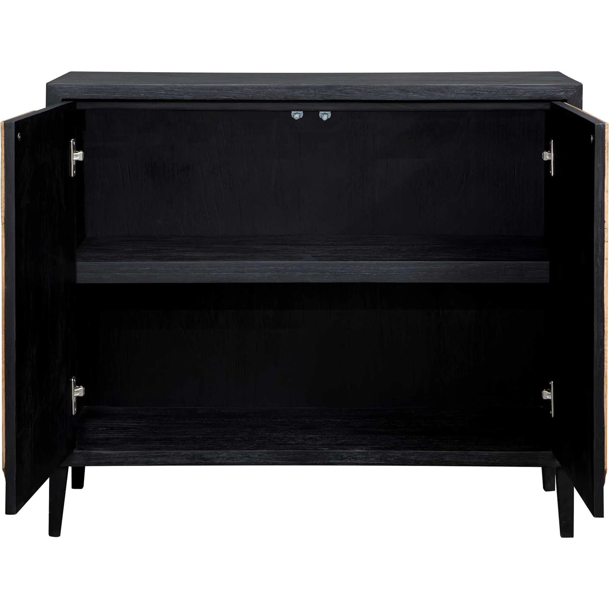 Andrei Root 2 Door Cabinet by Uttermost in black, woodtone and teak. Made from mdf mindi veneer, teak root wood in a unique style.