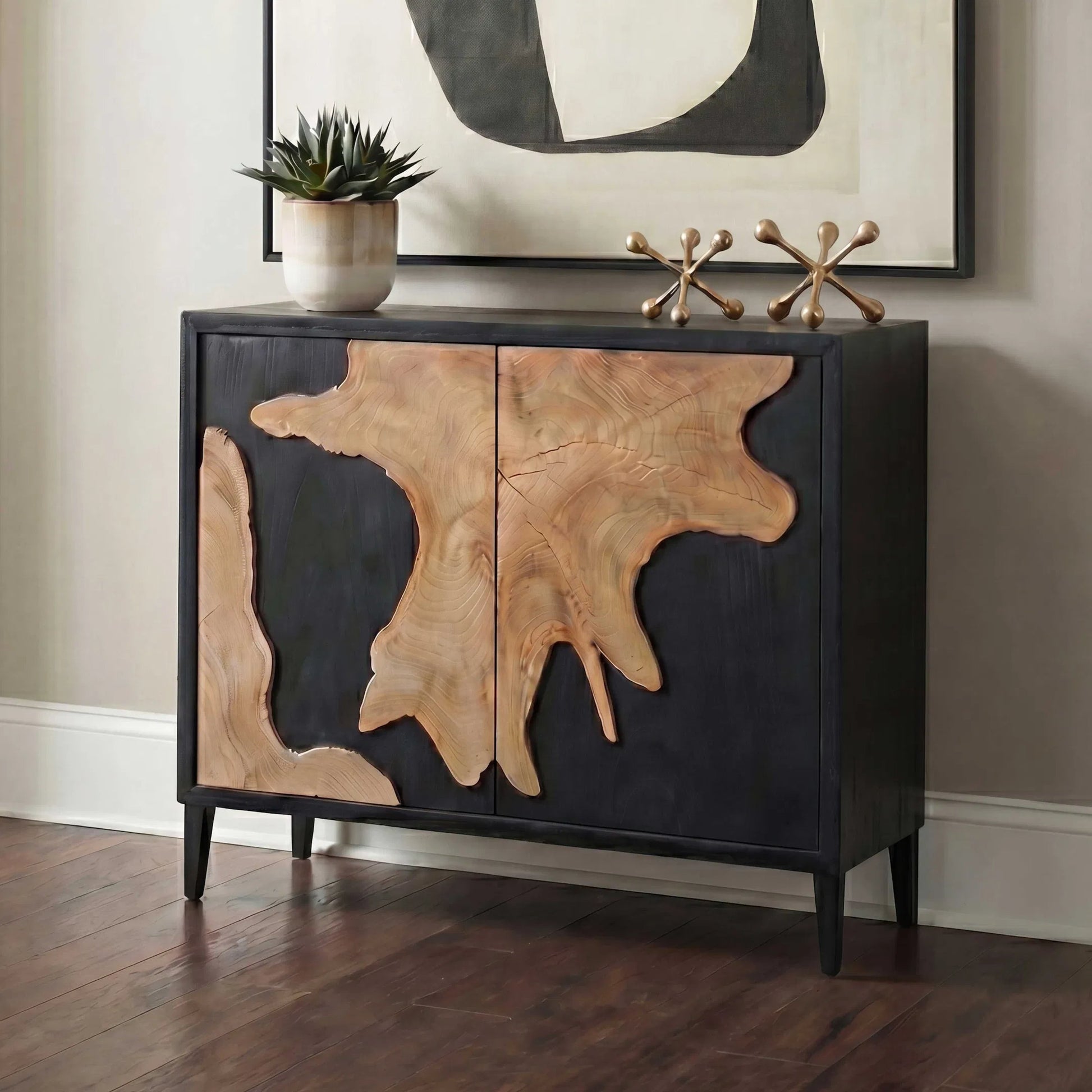 Andrei Root 2 Door Cabinet by Uttermost in black, woodtone and teak. Made from mdf mindi veneer, teak root wood in a unique style.
