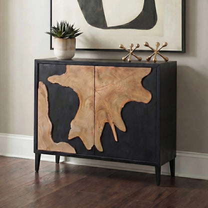 Andrei Root 2 Door Cabinet by Uttermost in black, woodtone and teak. Made from mdf mindi veneer, teak root wood in a unique style.