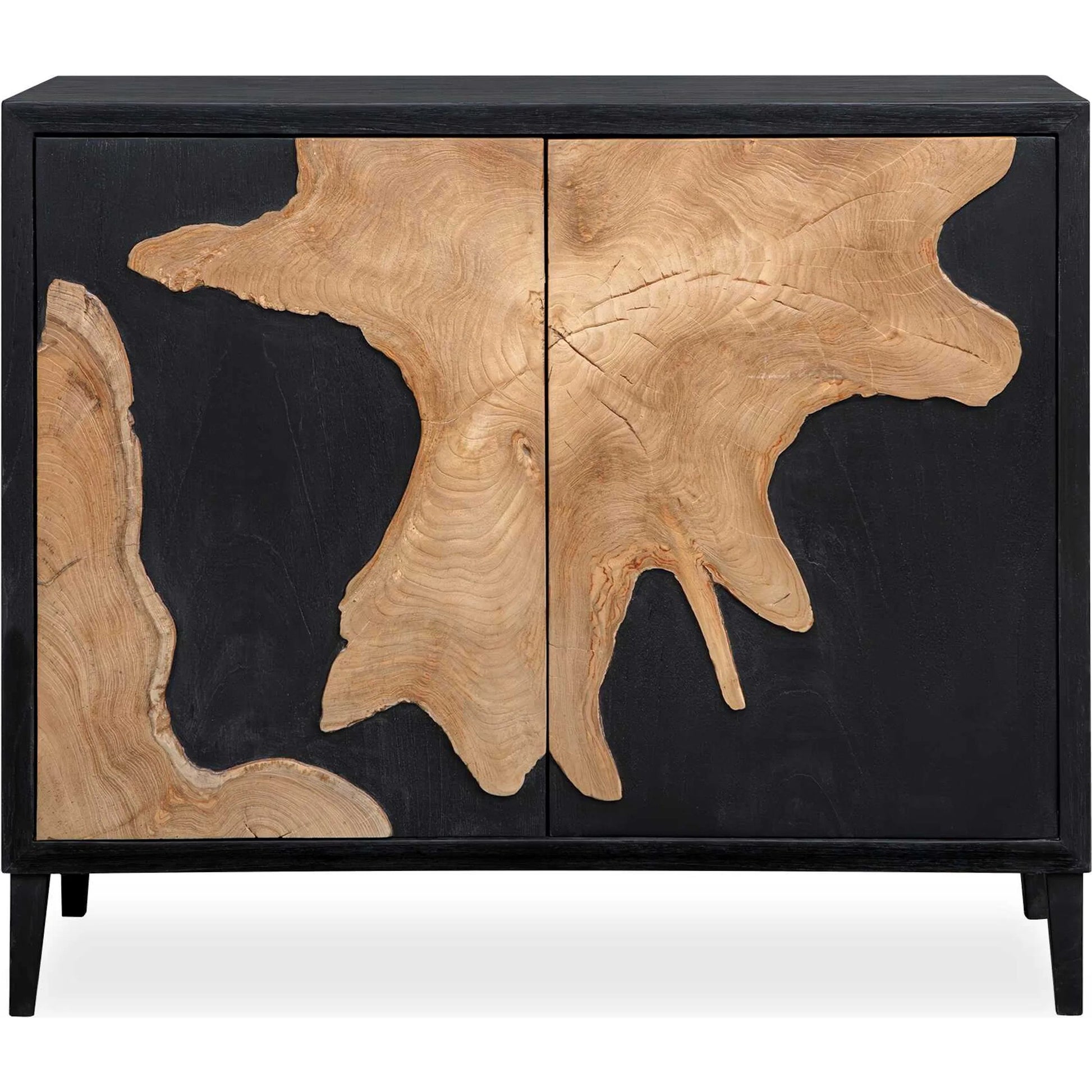 Andrei Root 2 Door Cabinet by Uttermost in black, woodtone and teak. Made from mdf mindi veneer, teak root wood in a unique style.
