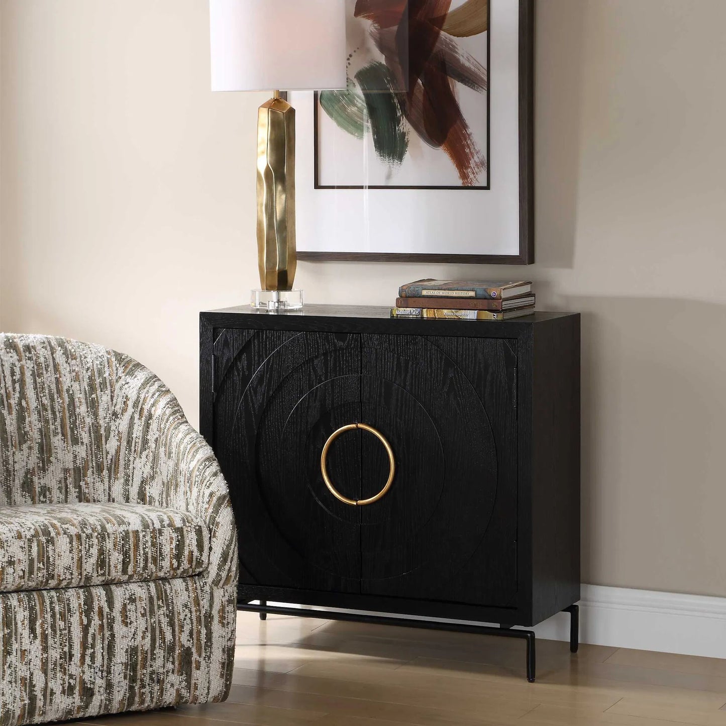 004 SI-2630704 | Unknown | Briseis 2 Door Cabinet by Uttermost in black, brass, gold and gold. Made from fir, mdf, iron, red oak veneer in a unique style.