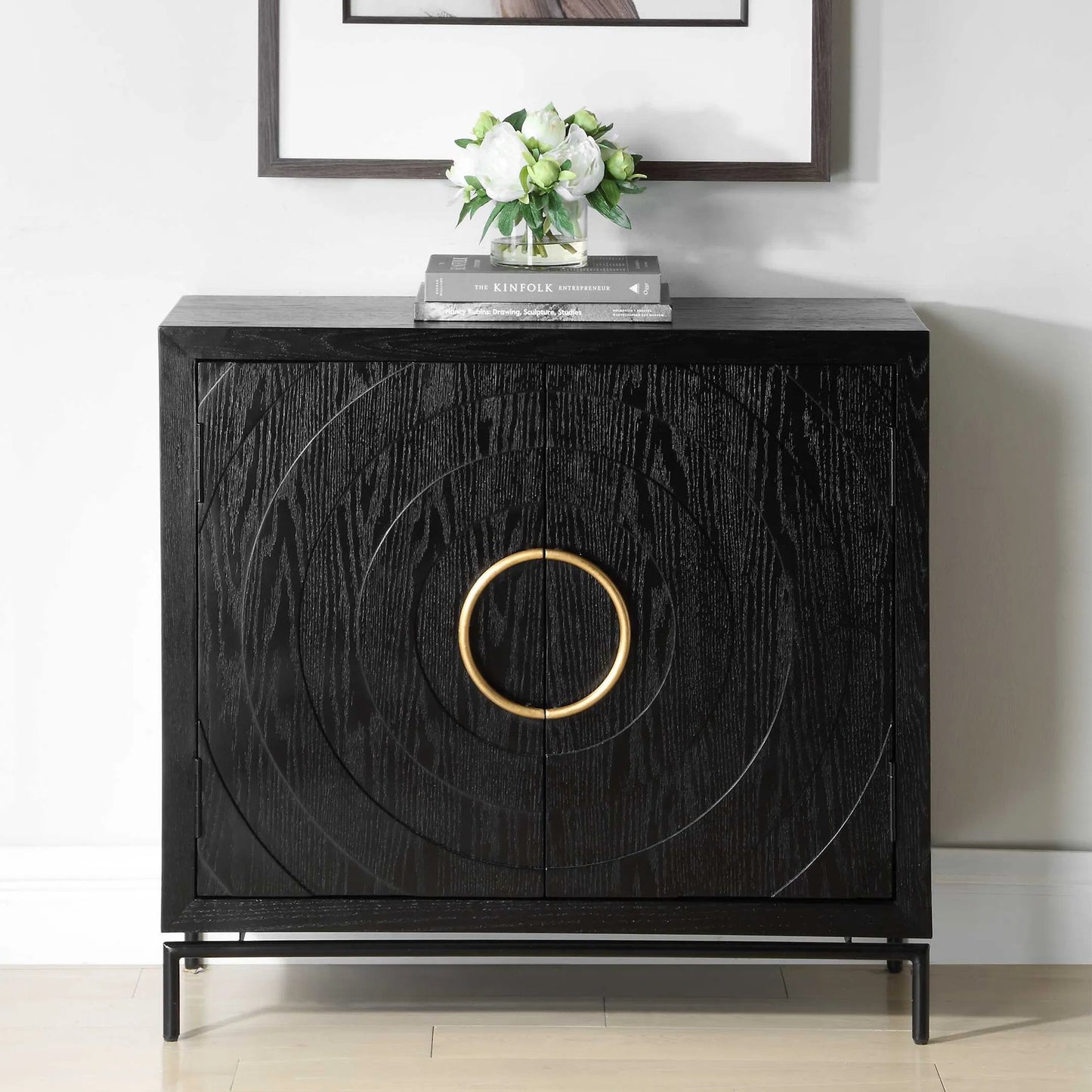 002 SI-2630704 | Closeup | Briseis 2 Door Cabinet by Uttermost in black, brass, gold and gold. Made from fir, mdf, iron, red oak veneer in a unique style.