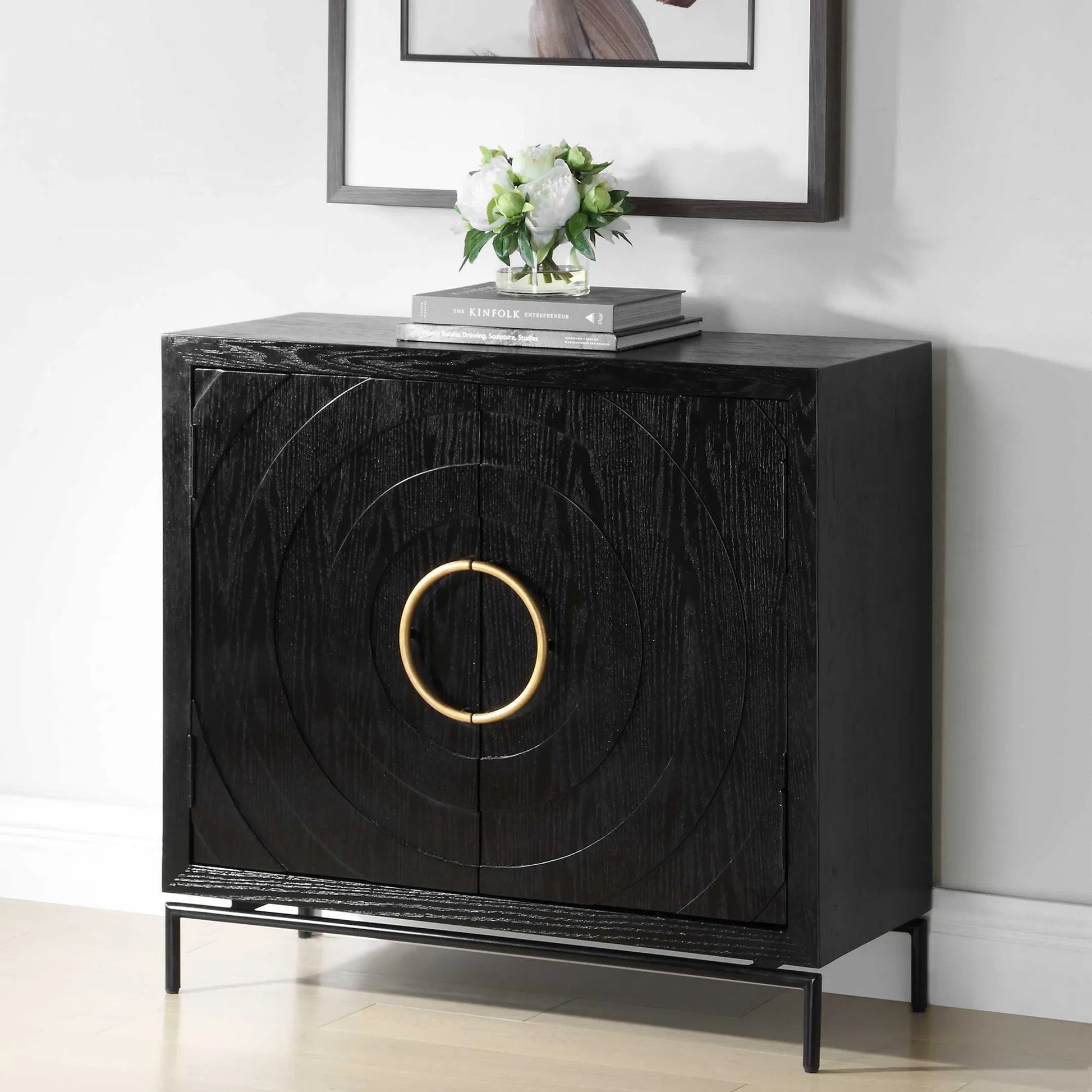 Briseis 2 Door Cabinet by Uttermost in black, brass, gold and gold. Made from fir, mdf, iron, red oak veneer in a unique style.