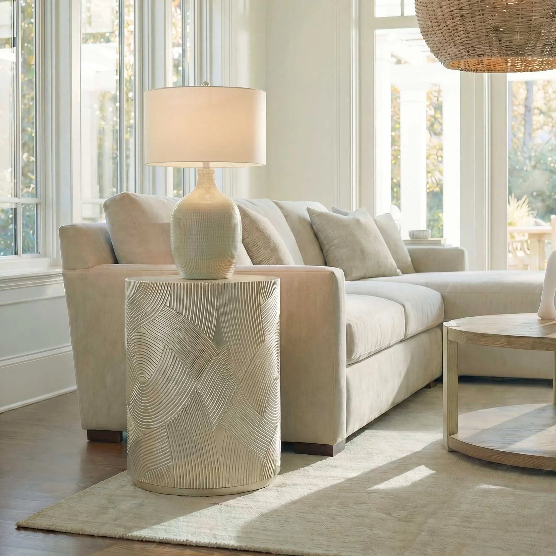 Cassandra Drum Accent Table by Uttermost in gold and gold leaf. Made from resin, plywood, alder solid in a unique style.