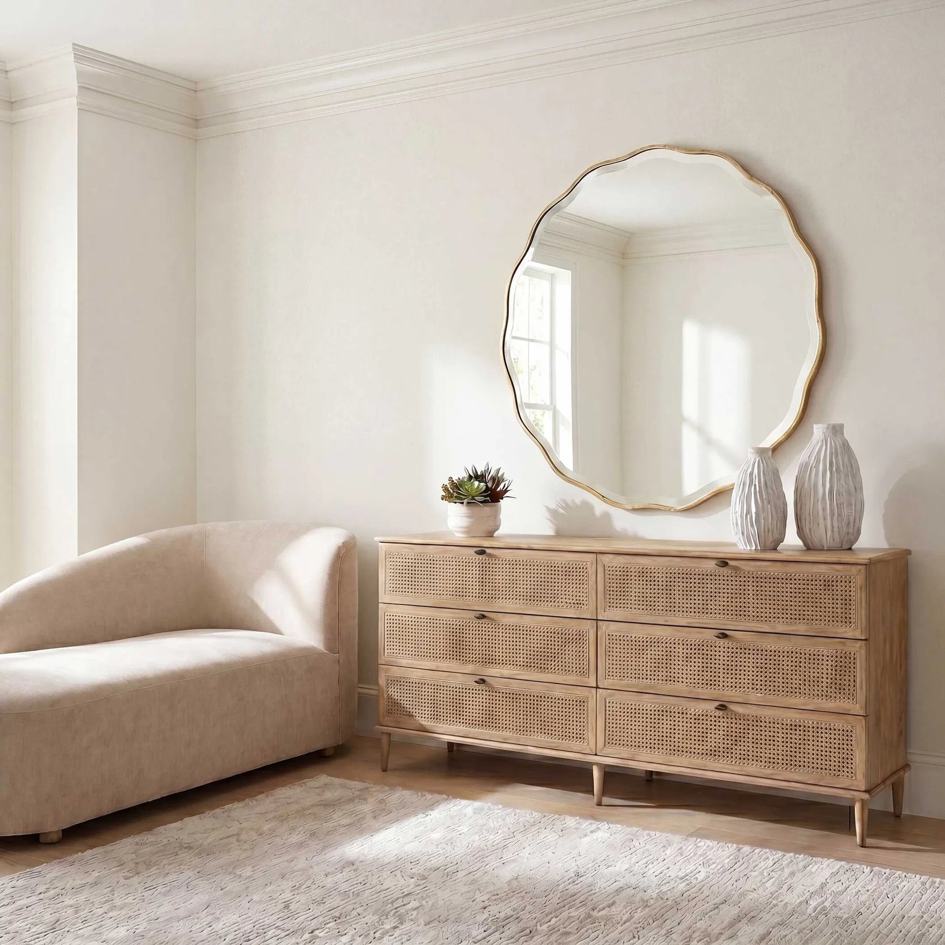 Coast 6 Drawer Rattan Chest by Uttermost in woodtone and dark. Made from mindi wood, mdf mindi veneer, rattan in a unique style.