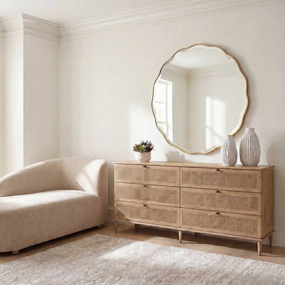 Coast 6 Drawer Rattan Chest by Uttermost in woodtone and dark. Made from mindi wood, mdf mindi veneer, rattan in a unique style.