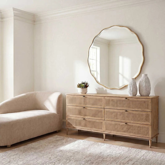 Coast 6 Drawer Rattan Chest by Uttermost in woodtone and dark. Made from mindi wood, mdf mindi veneer, rattan in a unique style.