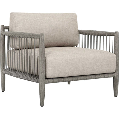 Borneo Indoor/Outdoor Lounge Chair by Uttermost in gray and dark. Made from mahogany wood, rope ole r13 dia, fabric sunbrella nuance dove in a unique style.