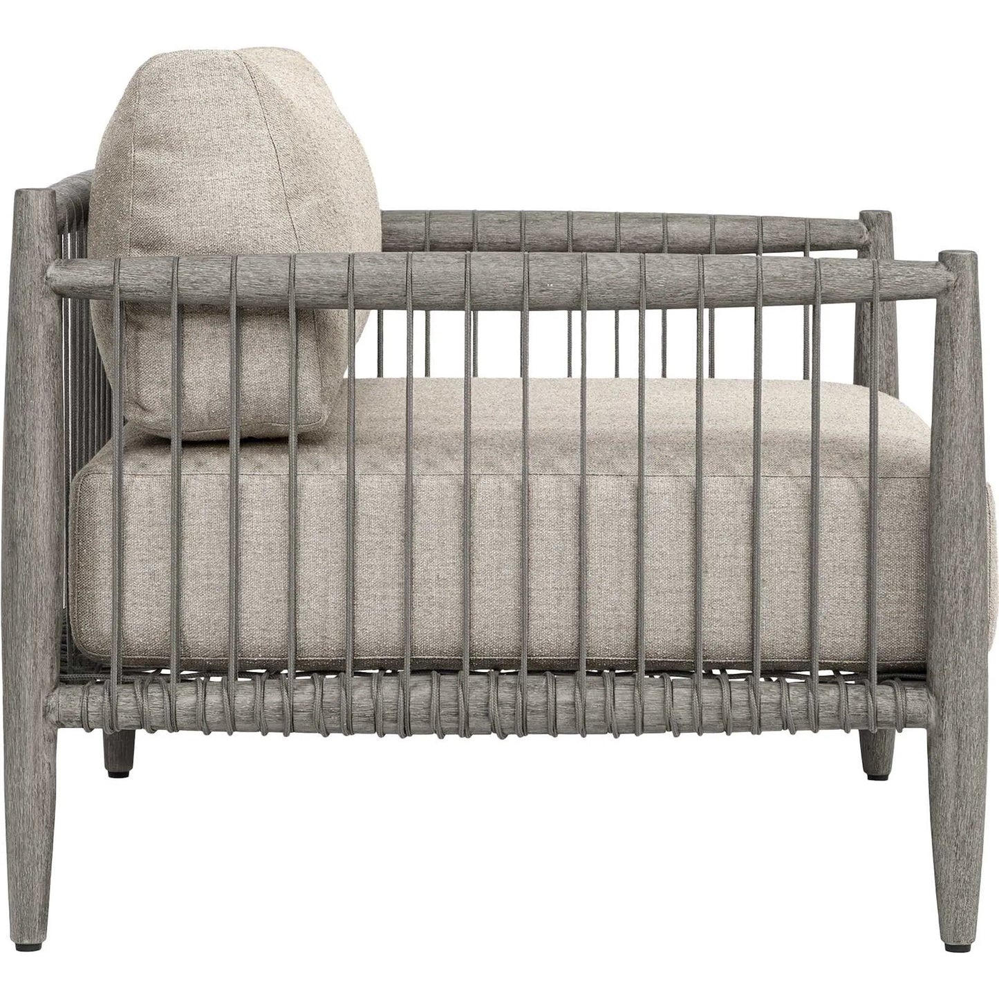 002 SI-2630809 | Closeup | Borneo Indoor/Outdoor Lounge Chair by Uttermost in gray and dark. Made from mahogany wood, rope ole r13 dia, fabric sunbrella nuance dove in a unique style.