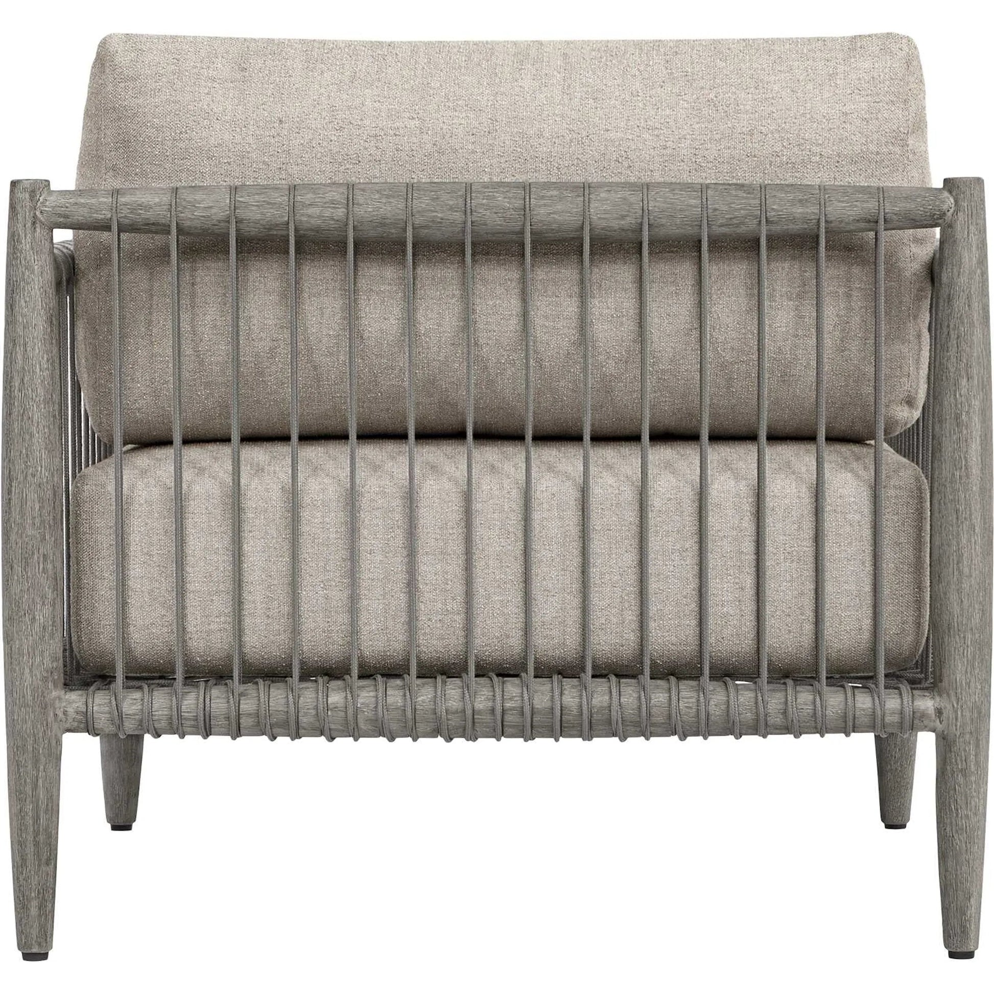 Borneo Indoor/Outdoor Lounge Chair by Uttermost in gray and dark. Made from mahogany wood, rope ole r13 dia, fabric sunbrella nuance dove in a unique style.