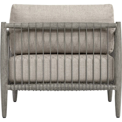 Borneo Indoor/Outdoor Lounge Chair by Uttermost in gray and dark. Made from mahogany wood, rope ole r13 dia, fabric sunbrella nuance dove in a unique style.