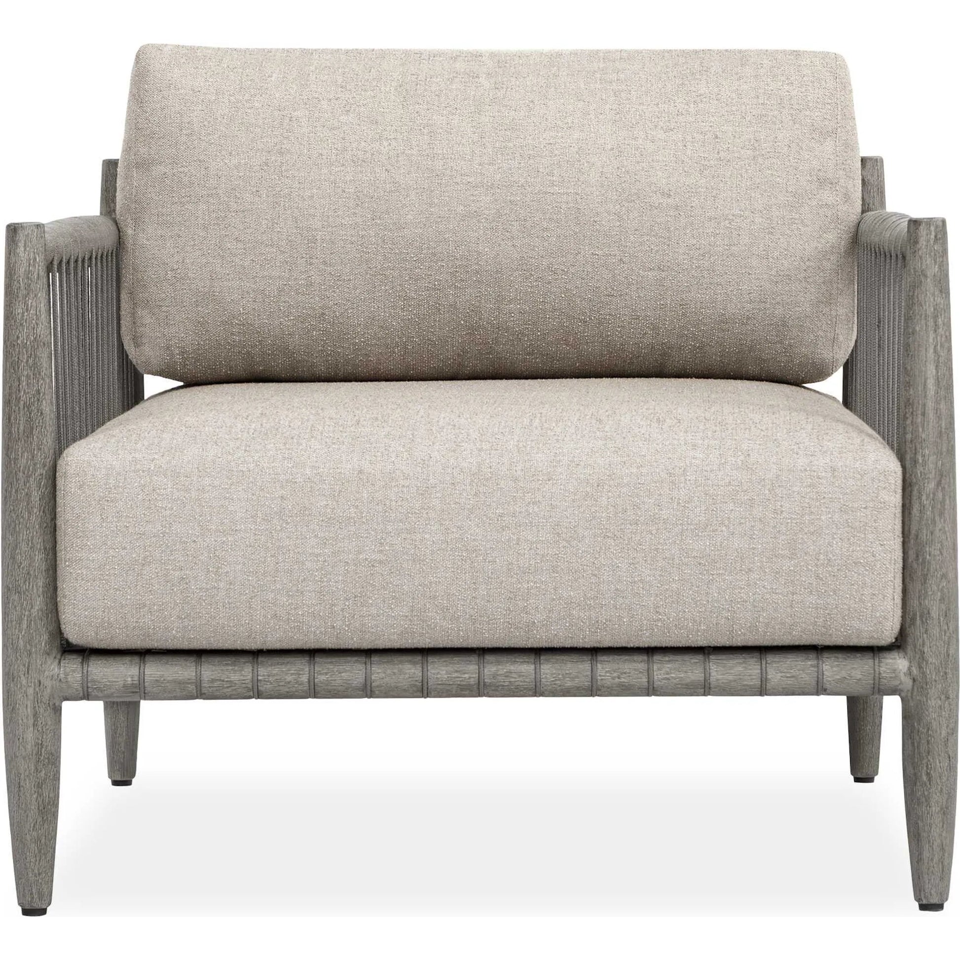 Borneo Indoor/Outdoor Lounge Chair by Uttermost in gray and dark. Made from mahogany wood, rope ole r13 dia, fabric sunbrella nuance dove in a unique style.