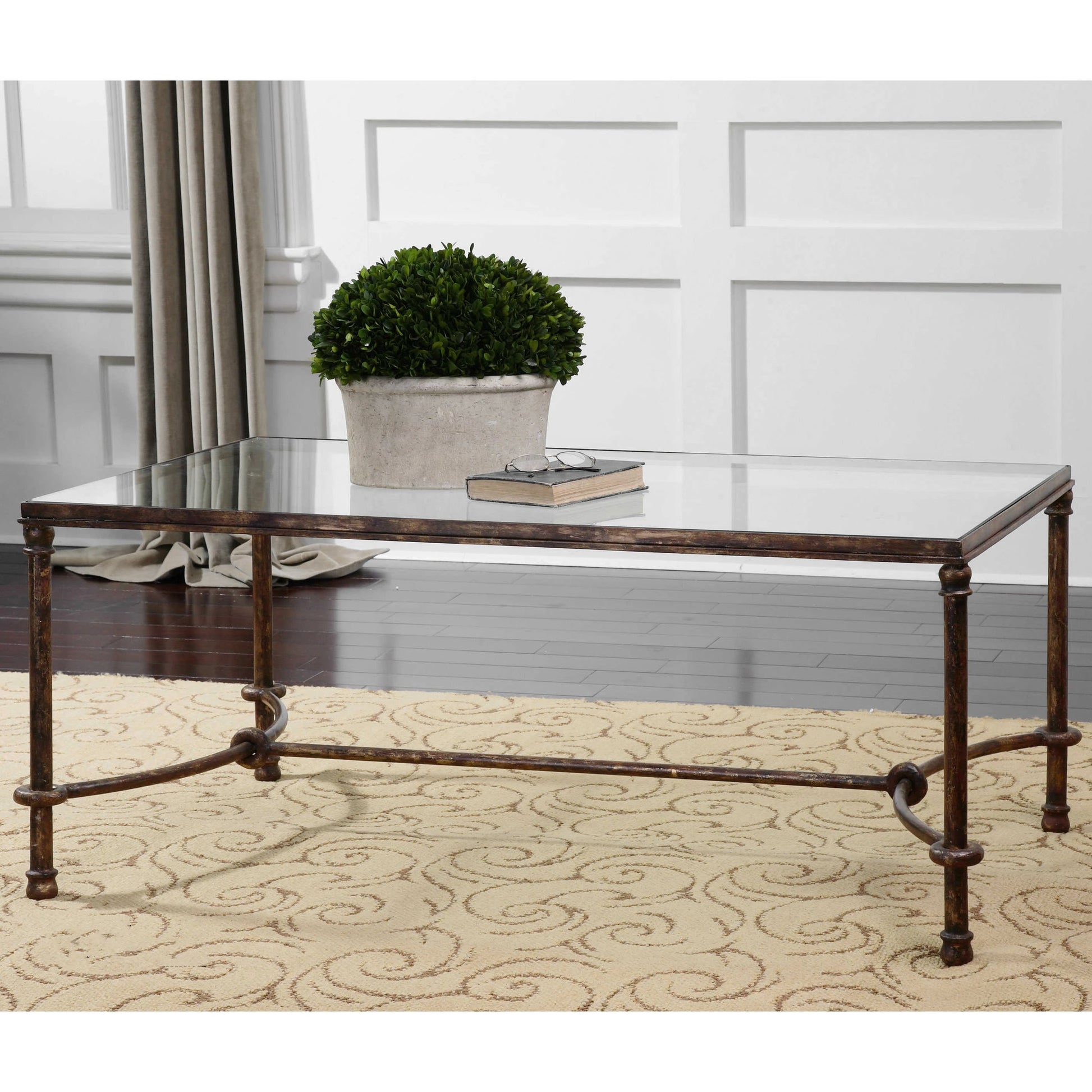 Warring Iron Coffee Table by Uttermost in iron. Made from metal, tempered glass in a cottage & farmhouse style.