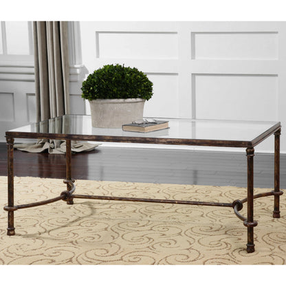 Warring Iron Coffee Table by Uttermost in iron. Made from metal, tempered glass in a cottage & farmhouse style.