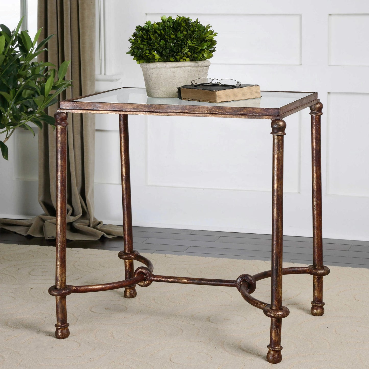 002 S-252992 | Lifestyle | Warring Iron End Table by Uttermost in iron. Made from metal, tempered glass in a cottage & farmhouse style.