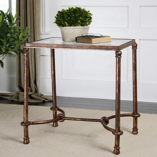 Warring Iron End Table by Uttermost in iron. Made from metal, tempered glass in a cottage & farmhouse style.