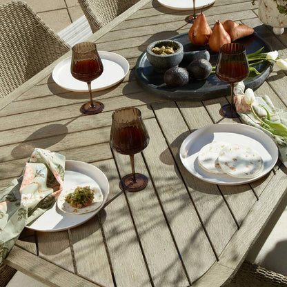 Harbor Herringbone Indoor/Outdoor Dining Table by Uttermost in brown, woodtone and mahogany. Made from mahogany wood, wicker k-twisted 4.5mm cream white in a unique style.