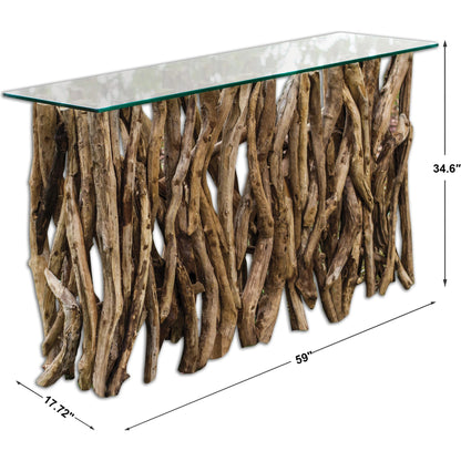 Teak Wood Console by Uttermost in teak. Made from wood, glass in a cottage & farmhouse style.