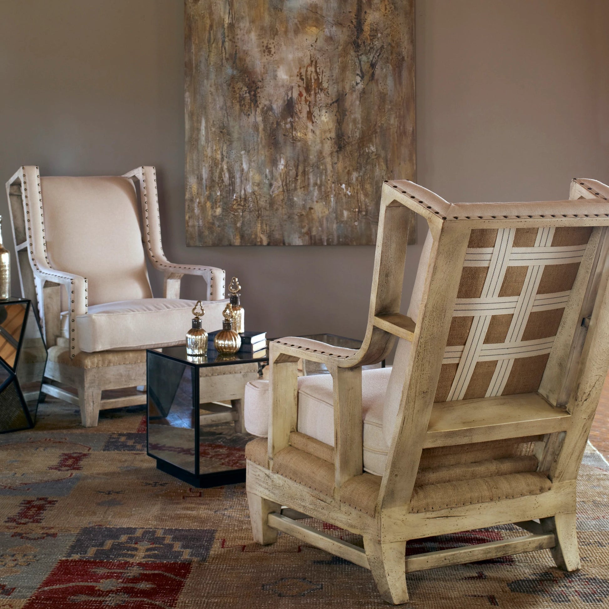 Schafer Armchair by Uttermost. Made from mahogany wood with foam, fabric in a cottage & farmhouse style.