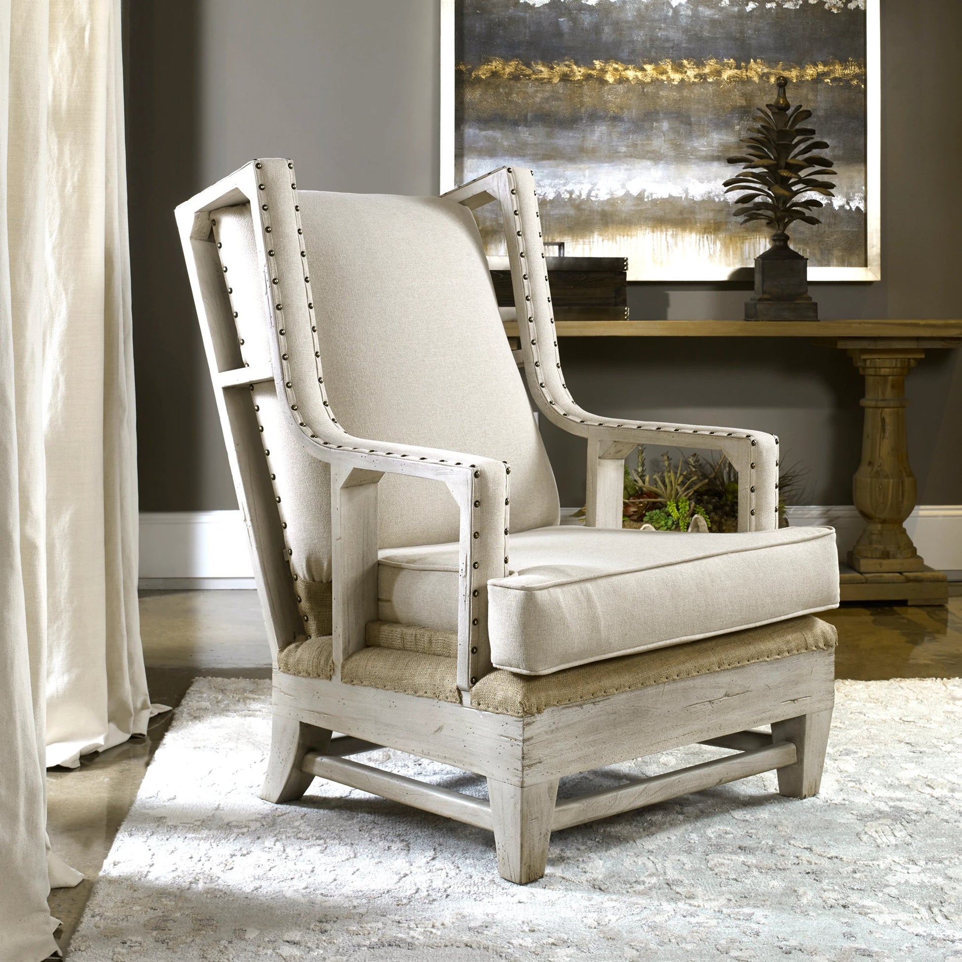 Schafer Armchair by Uttermost. Made from mahogany wood with foam, fabric in a cottage & farmhouse style.