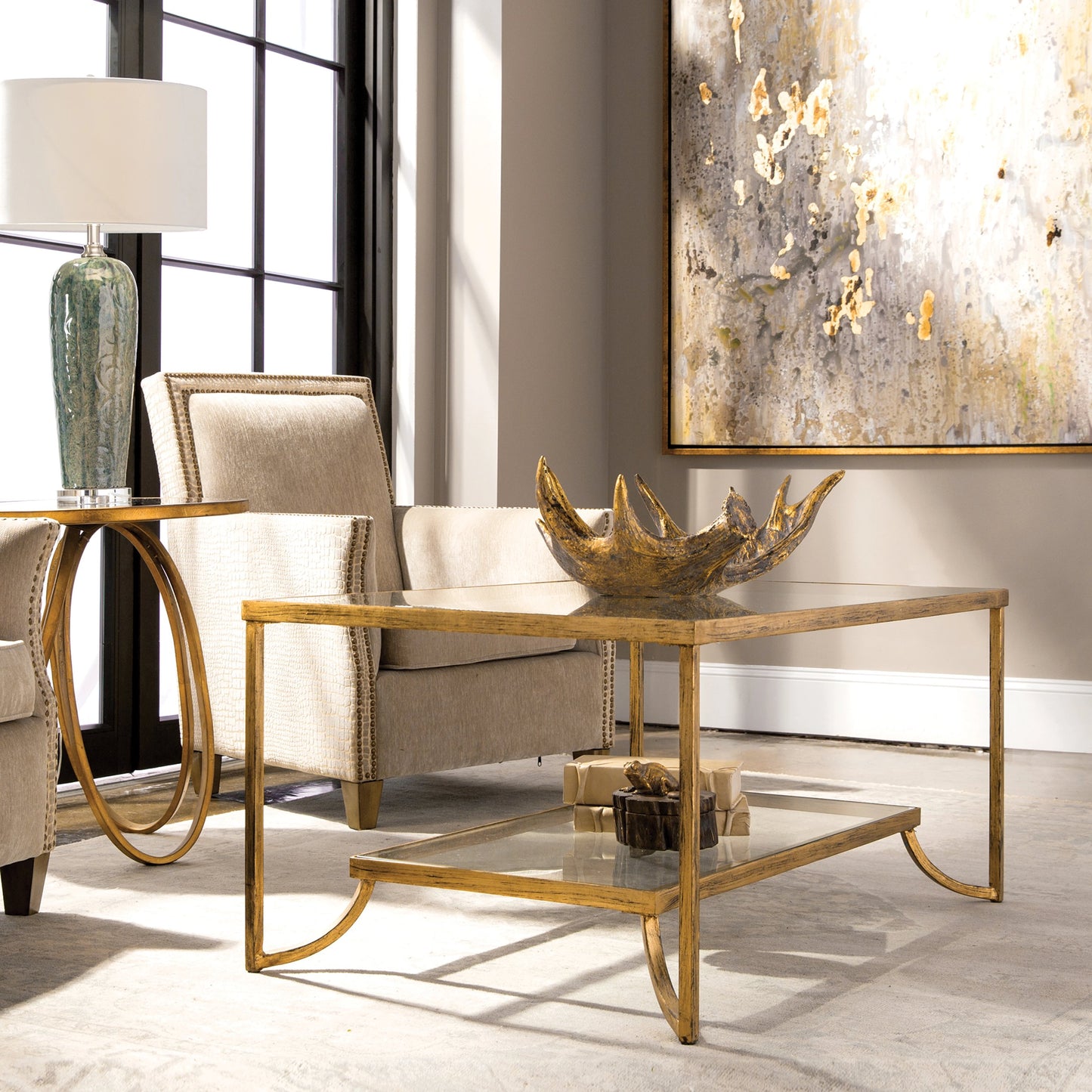 007 S-253050 | Lifestyle | Katina Coffee Table by Uttermost in gold. Made from metal, glass in a modern style.