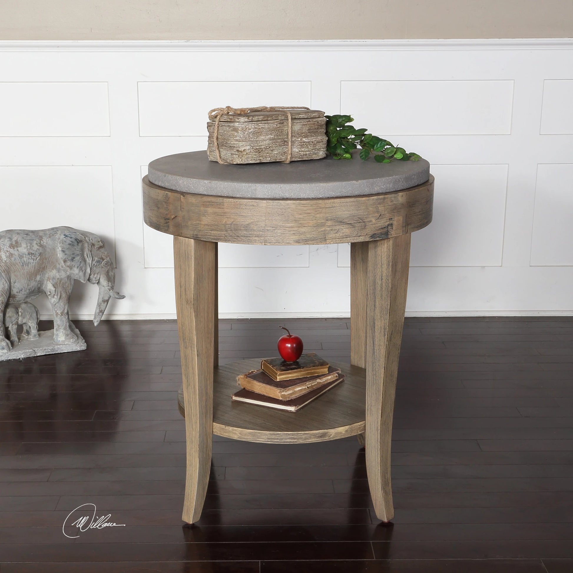 Deka Round Accent Table by Uttermost. Made from wood, concrete in a cottage & farmhouse style.