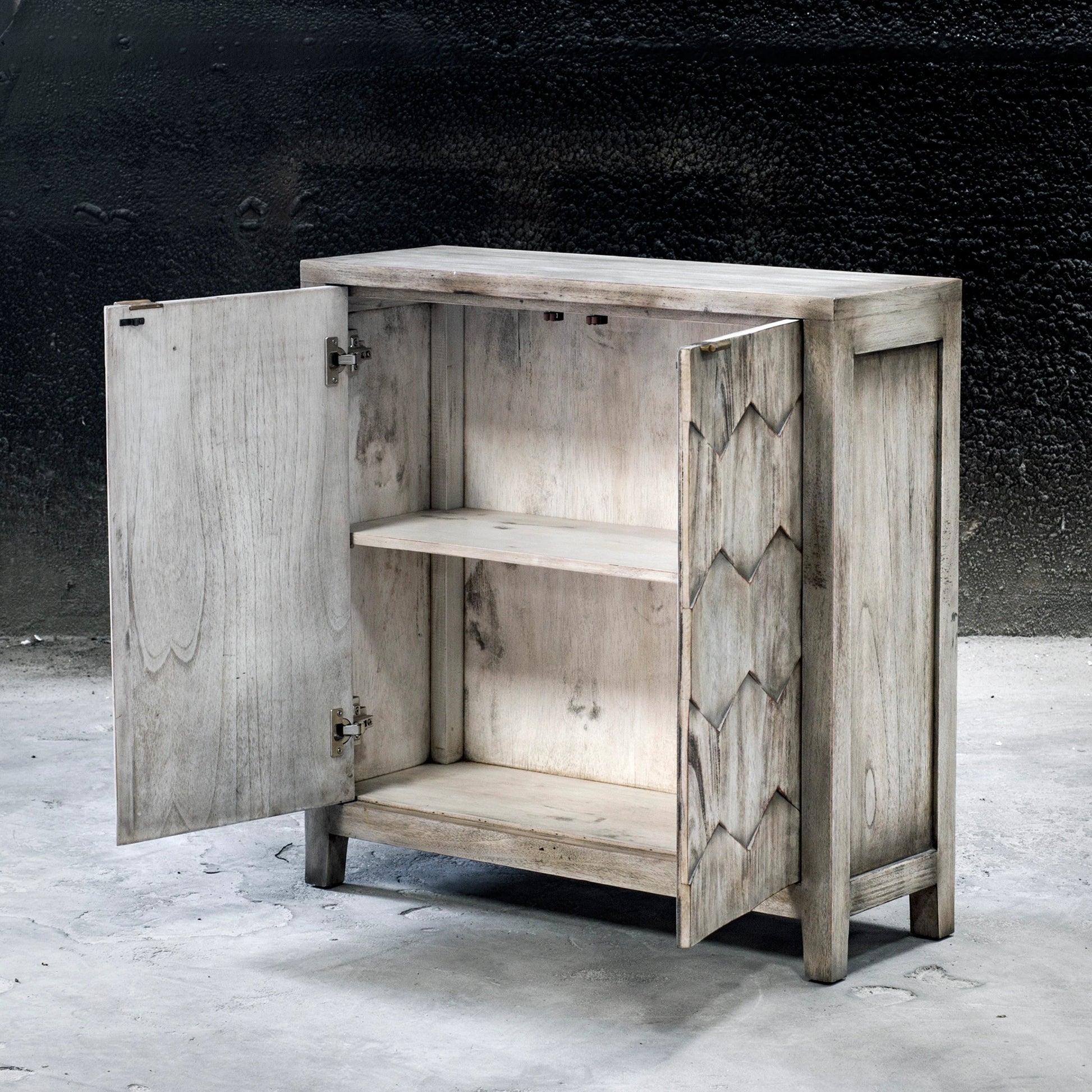 Catori Smoked Ivory Console Cabinet by Uttermost. Made from mdf carb phase 2 with mahogany wood in a eclectic & global style.