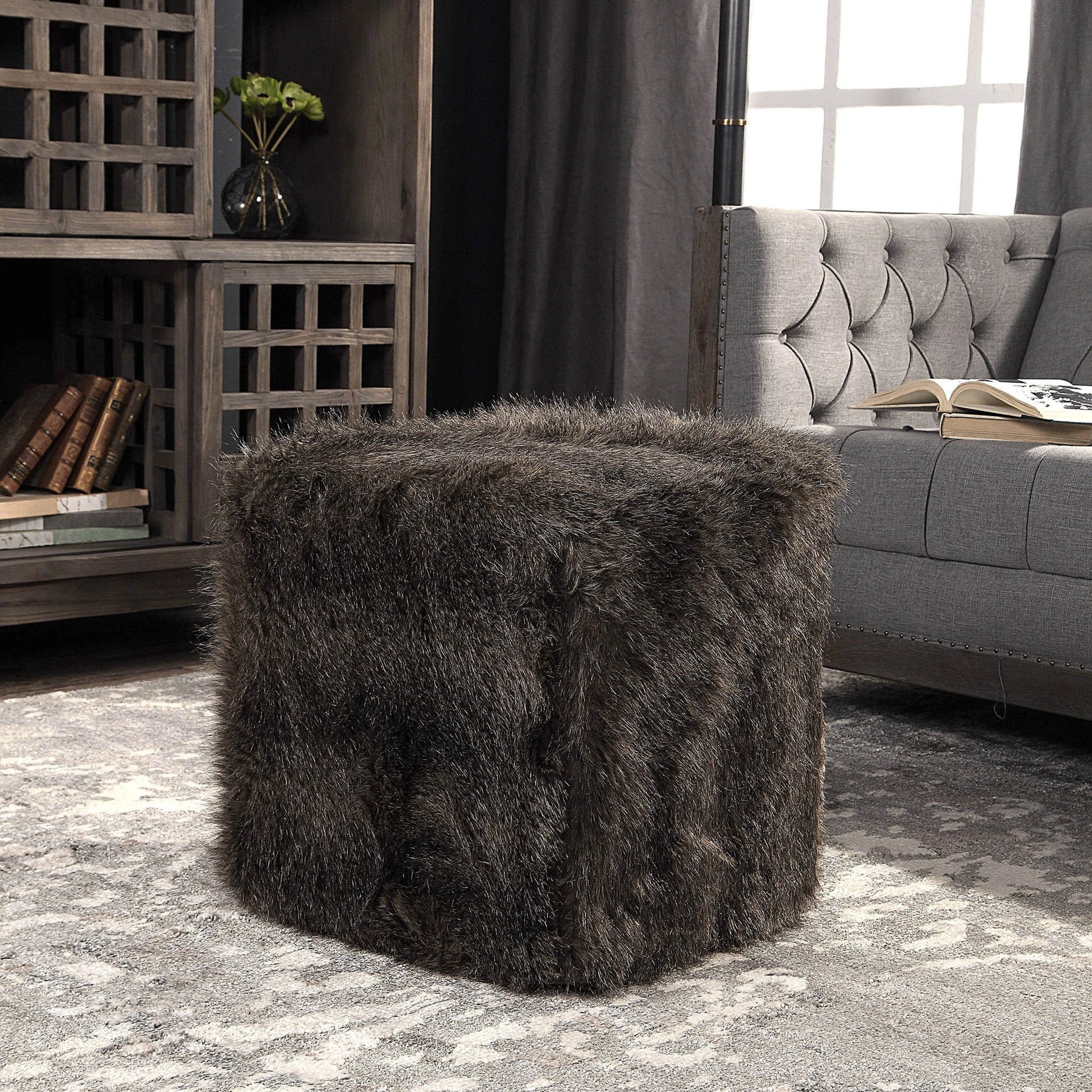 Jayna Fur Ottoman by Uttermost. Made from mdf, faux fur, foam in a modern style.