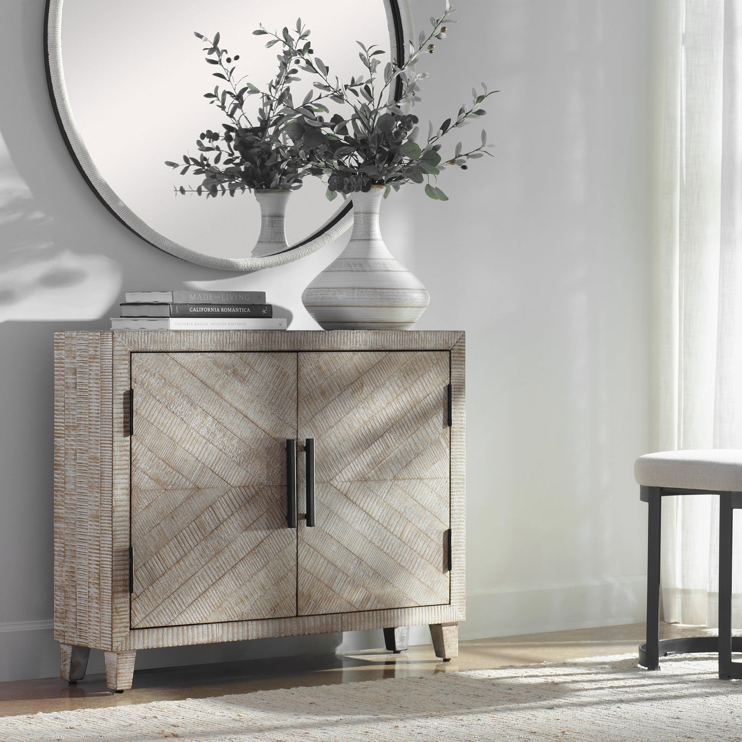 009 S-338748 | Lifestyle | Adalind White Washed Accent Cabinet by Uttermost in white. Made from fir wood, iron, mdf in a modern style.