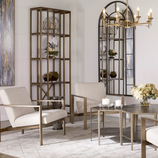 Karishma Etagere by Uttermost in gold. Made from mdf, veneer, metal in a transitional style.