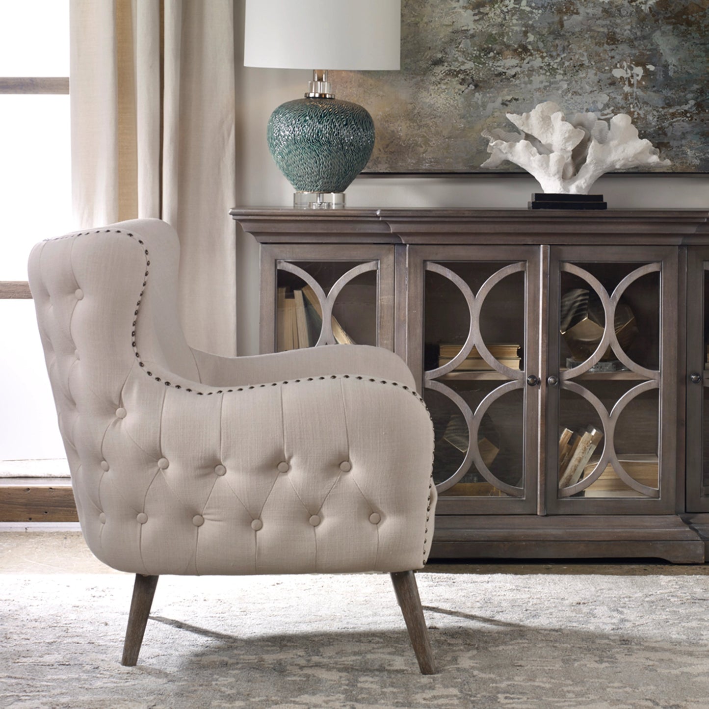 008 S-343755 | Lifestyle | Donya Accent Chair by Uttermost. Made from fabric, foam, oak, plywood in a transitional style.
